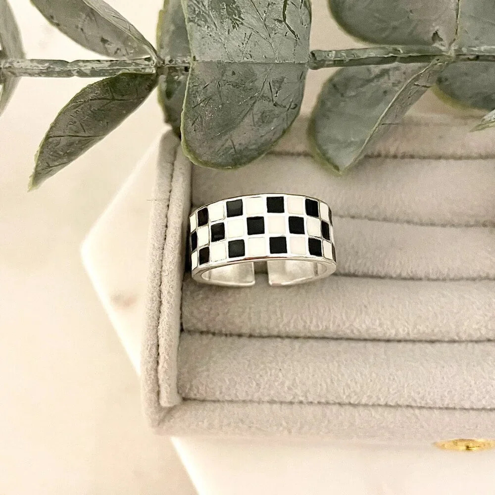 925 SSterling Silver Checkered Ring Checkerboard Ring Minimalist Wide Ring - Picture 4 of 6